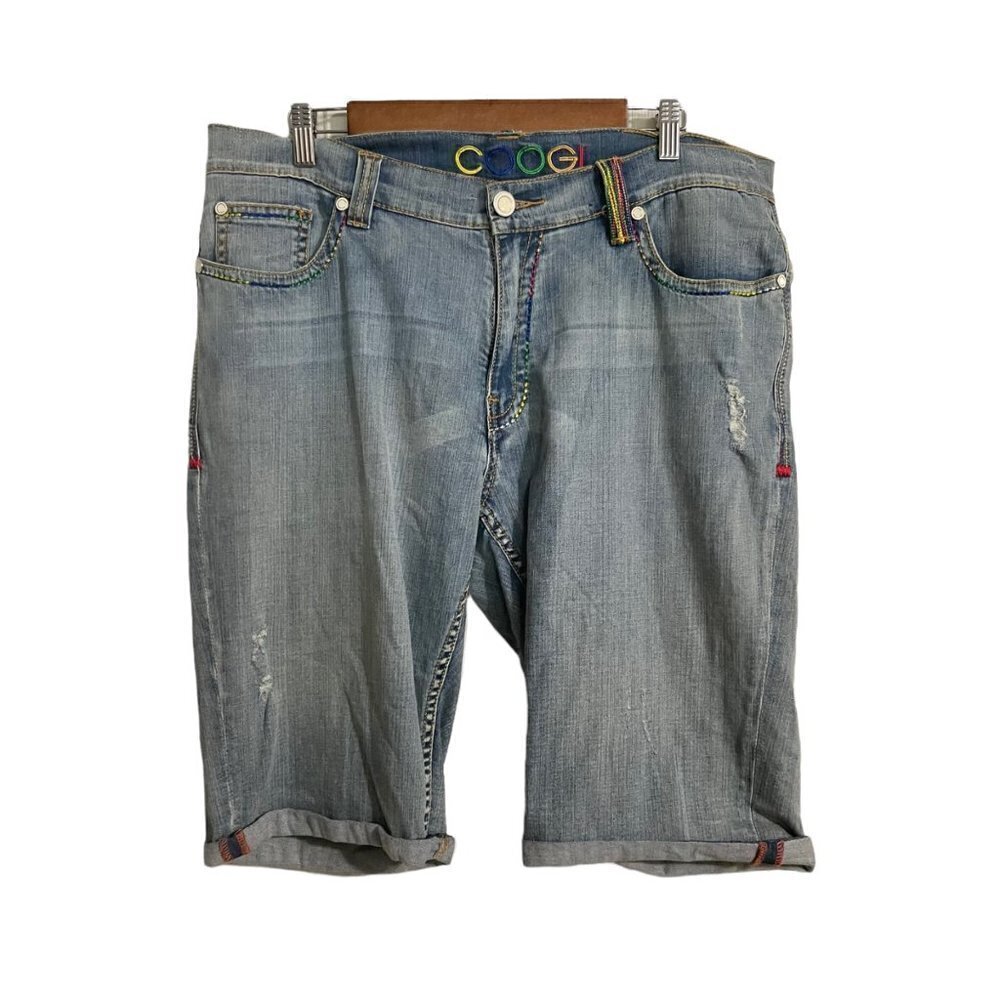 COOGI Womens Rainbow Embroidered Pocket Distressed Cuffed Bermuda Jean Shorts 18